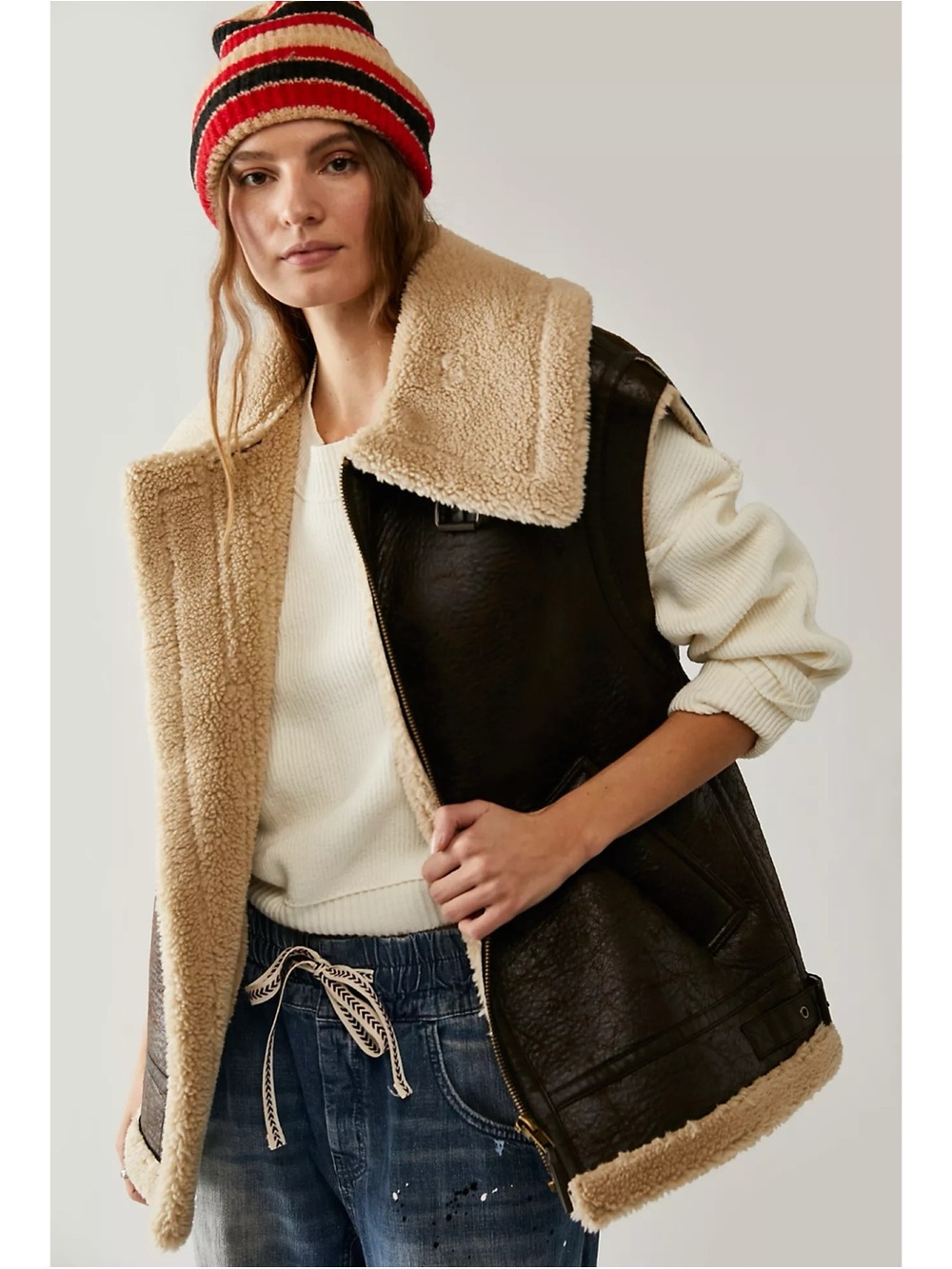 New Free People Bad Habits Cozy Sherpa Lined Oversized Vest Brown XS